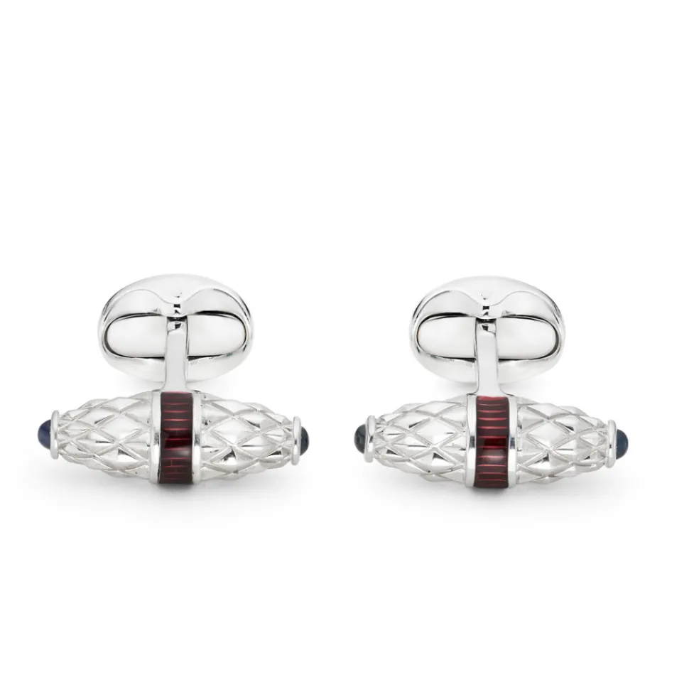 Sterling Silver Fancy Bar Cufflinks With Red Enamel Centre And Sapphir
