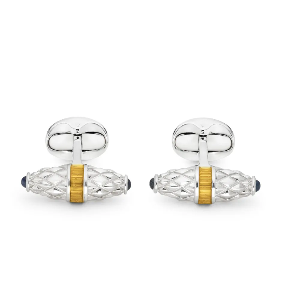 Sterling Silver Fancy Bar Cufflinks With Yellow Enamel Centre And Sapp
