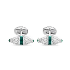 Sterling Silver Fancy Bar Cufflinks With Green Enamel Centre and Emera