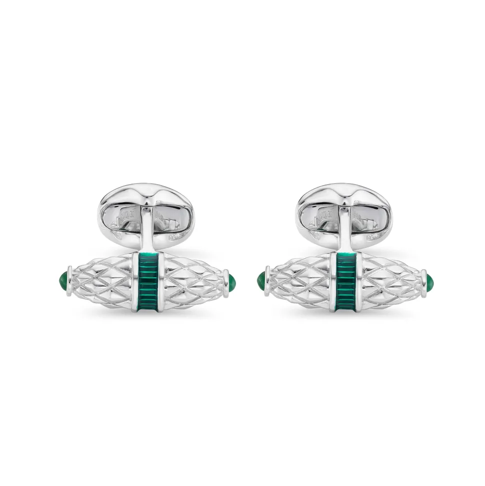 Sterling Silver Fancy Bar Cufflinks With Green Enamel Centre and Emera