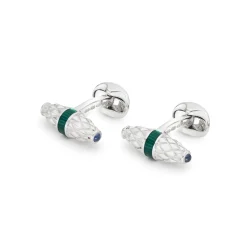 Sterling Silver Fancy Bar Cufflinks With Green Enamel Centre And Sapph