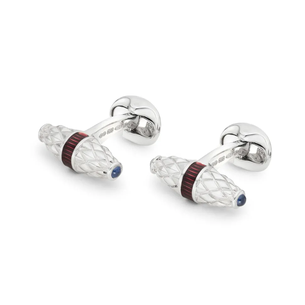 Sterling Silver Fancy Bar Cufflinks With Red Enamel Centre And Sapphir