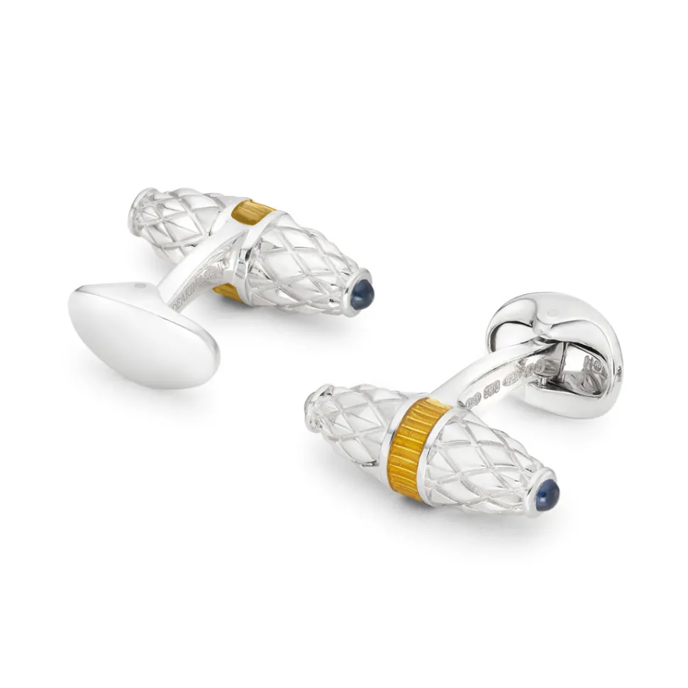 Sterling Silver Fancy Bar Cufflinks With Yellow Enamel Centre And Sapp
