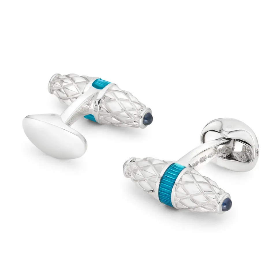 Sterling Silver Fancy Bar Cufflinks With Turquoise Enamel Centre And S