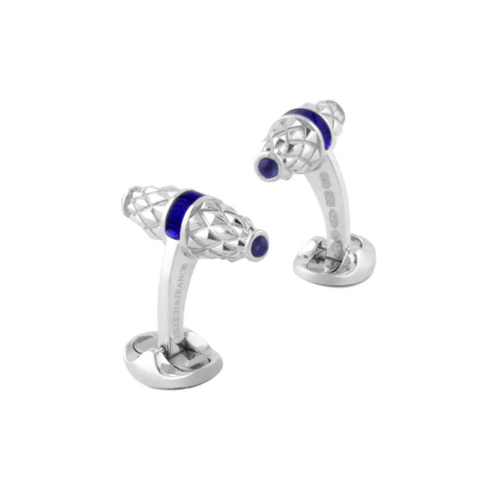 Sterling Silver Fancy Bar Cufflinks With Royal Blue Enamel Centre And