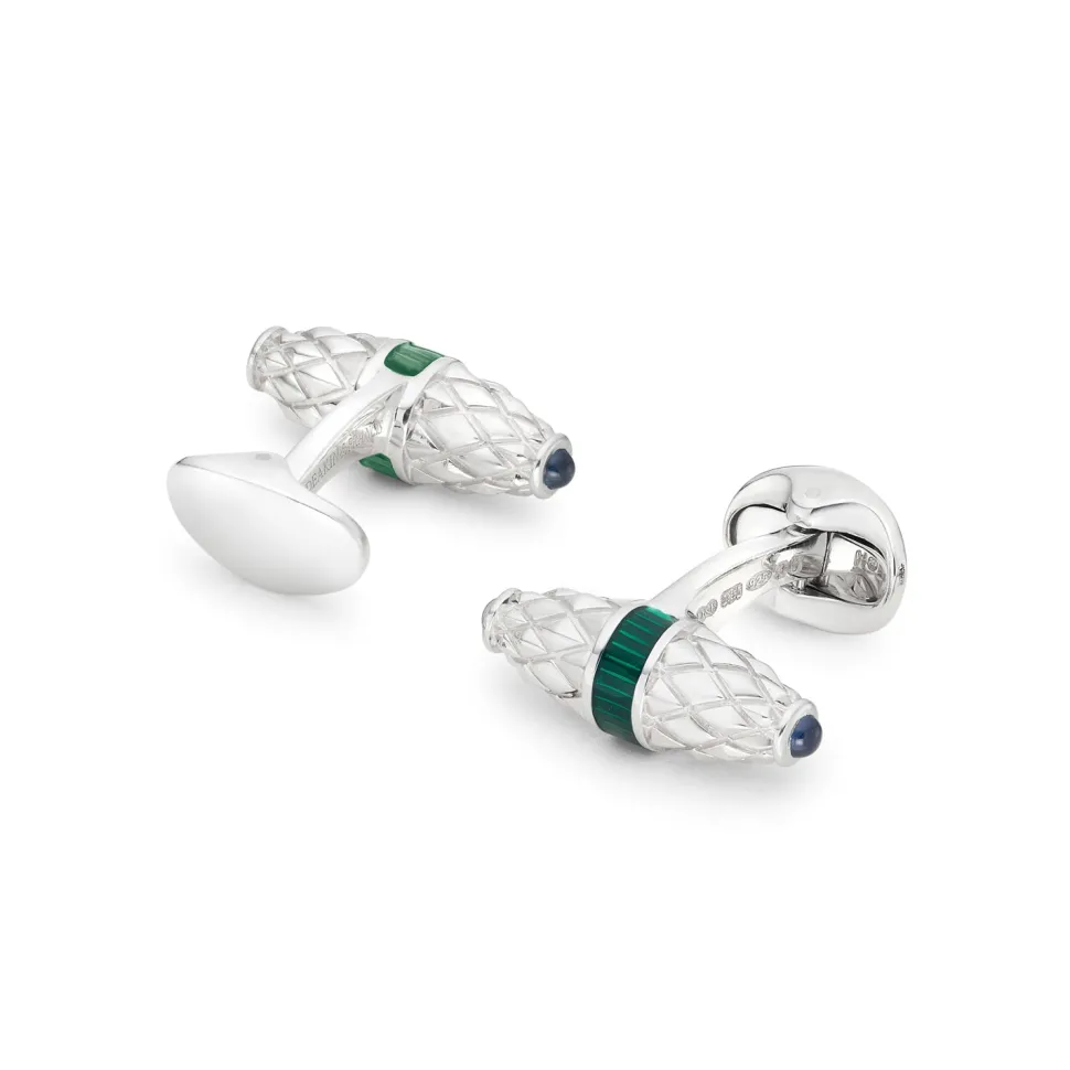 Sterling Silver Fancy Bar Cufflinks With Green Enamel Centre And Sapph