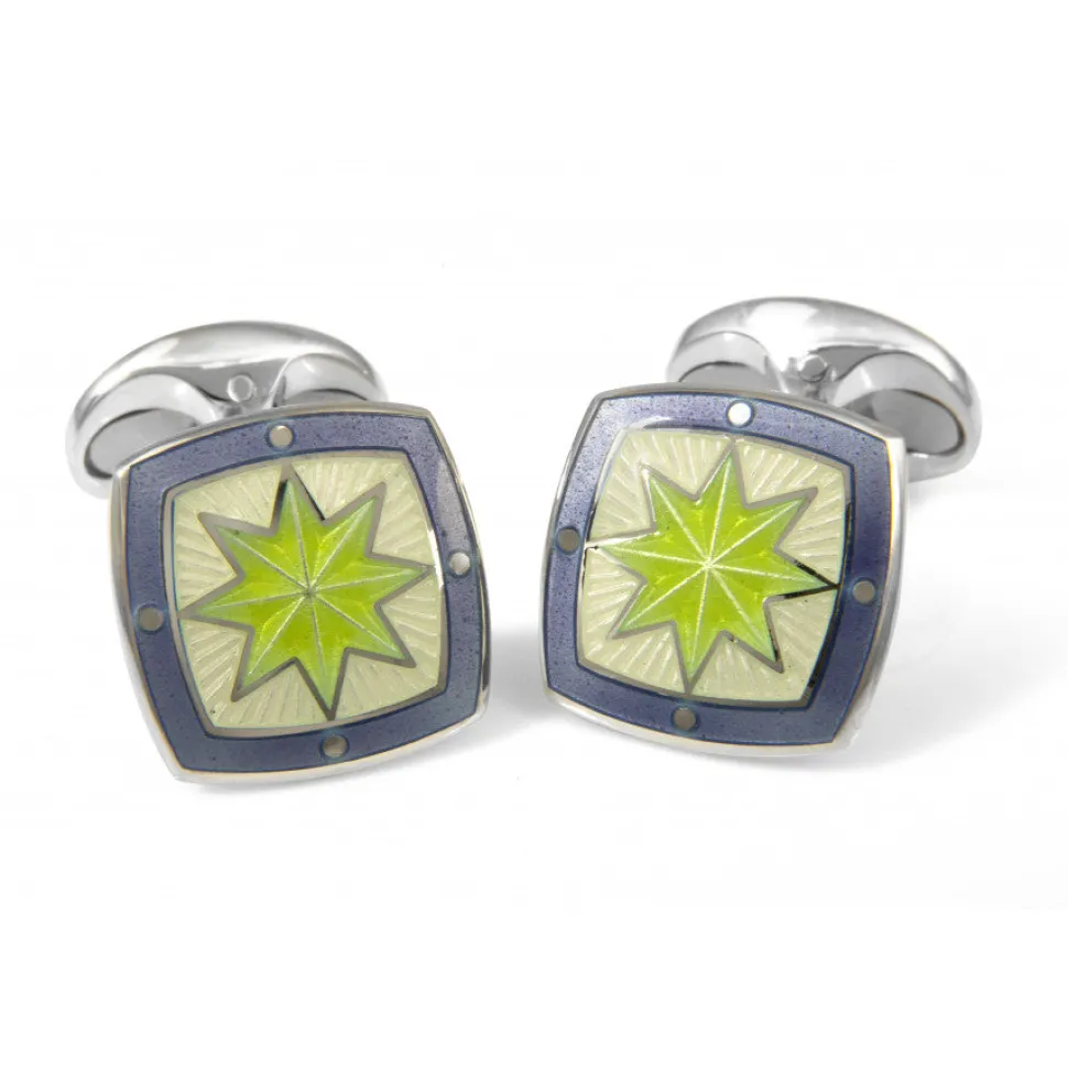 Sterling Silver Fancy Green Star Enamel Cufflinks