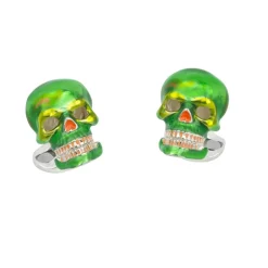 Sterling Silver Green and Orange 'Day of The Dead' Skull Cufflinks