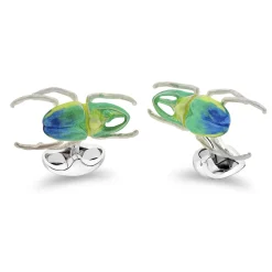 Sterling Silver Green, Blue And Yellow Horn Beetle Cufflinks