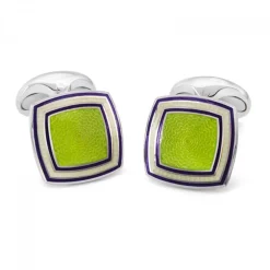 Sterling Silver Green Enamel Cufflinks with Striped Border