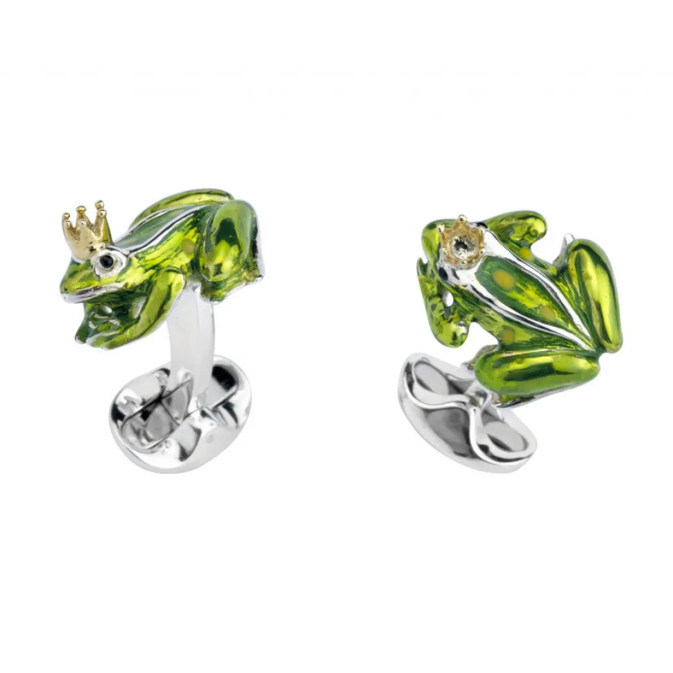 Sterling Silver Green Frog With Crown Cufflinks