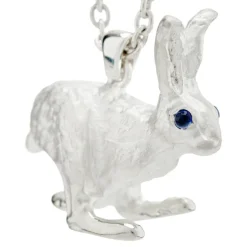 Sterling Silver Hare With Sapphire Eyes Pendant In Matte Finish and Ch