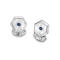 Sterling Silver Hexagonal Cufflinks with White Mother-of-Pearl and Sap
