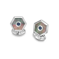 Sterling Silver Hexagonal Cufflinks with Grey Mother-of-Pearl and Sapp