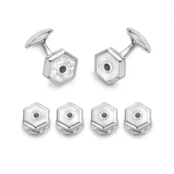 Sterling Silver Hexagonal Dress Stud Set - Mother-of-Pearl & Sapphire