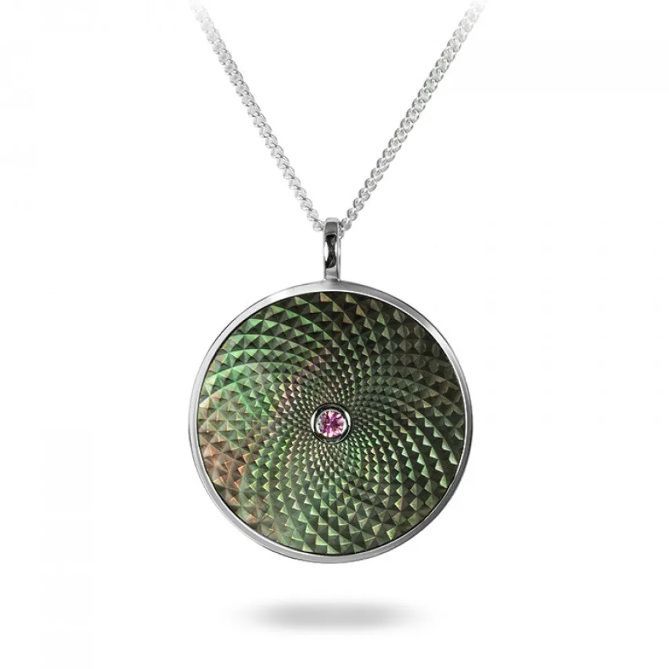 Sterling Silver Large Pendant with Grey Mother-of-Pearl and Pink Sapph
