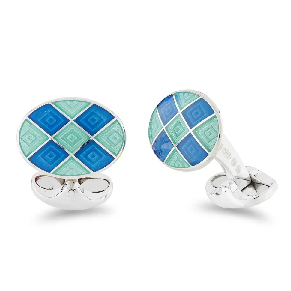 Sterling Silver Light Blue And Turquoise Enamel Chequer Pattern Cuffli