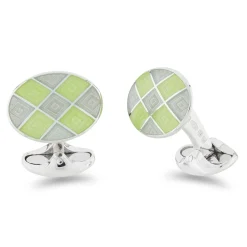 Sterling Silver Lime Green And Grey Enamel Chequer Pattern Cufflinks