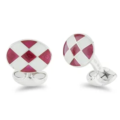 Sterling Silver Magenta And Clear Enamel Chequer Pattern Cufflinks