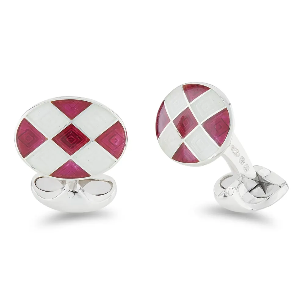 Sterling Silver Magenta And Clear Enamel Chequer Pattern Cufflinks