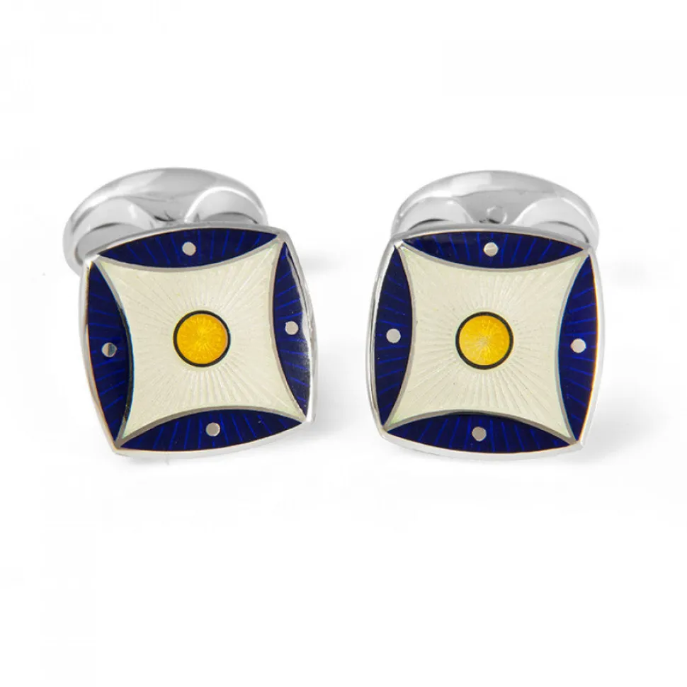 Sterling Silver Navy Blue & Yellow Pattern Enamel Cufflinks