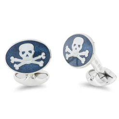 Sterling Silver Navy Blue Skull And Cross Bones Enamel Cufflinks