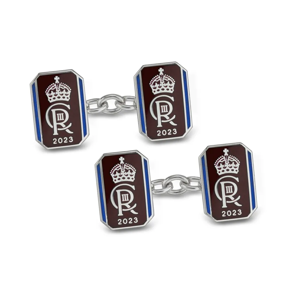 Sterling Silver Oblong Chain Link Coronation Cufflinks - Red Cufflinks