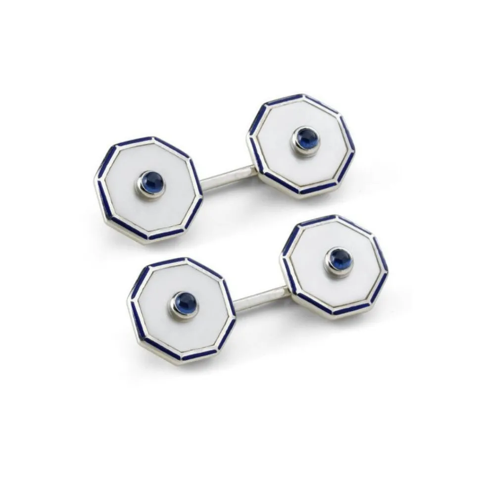Sterling Silver Octagonal Cufflinks with Mother of Pearl and Sapphire