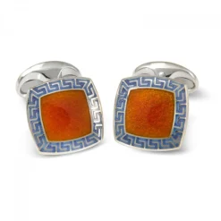Sterling Silver Orange Enamel Cufflinks with Purple Patterened Border