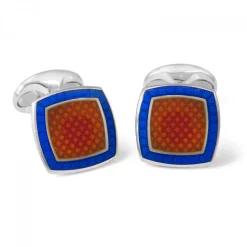 Sterling Silver Orange Enamel Cufflinks with Royal Blue Border