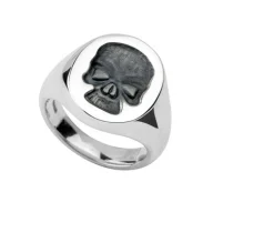 Sterling Silver Oval Signet Ring With Black Skull Seal (18.5x15mm)