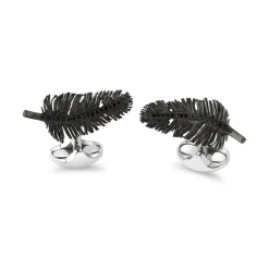 Sterling Silver Oxidised Feather Cufflinks With Black Spinel