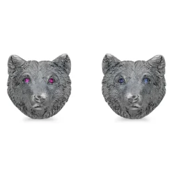 Sterling Silver Oxidised Nice & Angry Wolf Cufflinks with Sapphire/Rub
