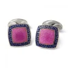 Sterling Silver Pink Enamel Cufflinks with Blue Patterened Border