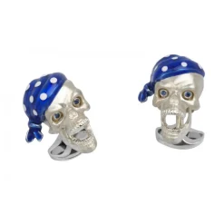 Sterling Silver Pirate Skull Cufflinks with Blue Bandana and Sapphire