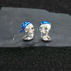Sterling Silver Pirate Skull Cufflinks with Blue Bandana and Sapphire