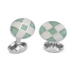 Sterling Silver Plain Green And Clear Enamel Cufflinks