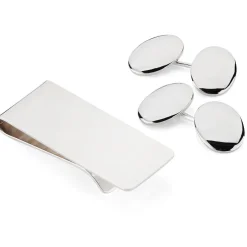 Sterling Silver Plain Oval Cufflinks and Money Clip Set