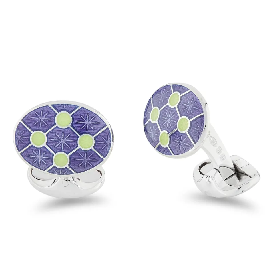 Sterling Silver Purple Enamel Cufflinks With Pale Green Dot Design
