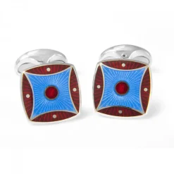 Sterling Silver Red & Sky Blue Pattern Enamel Cufflinks