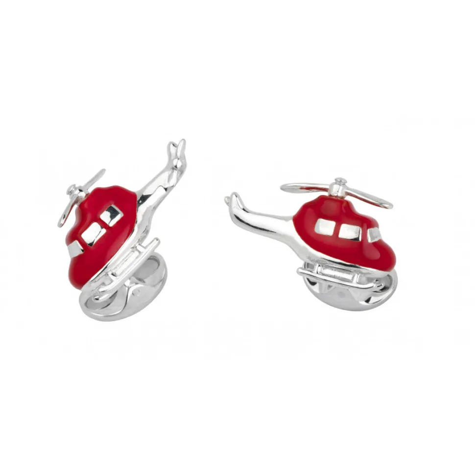 Sterling Silver Red Enamel Helicopter Cufflinks