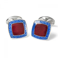 Sterling Silver Red Enamel Cufflinks with Blue Patterened Border