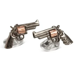Sterling Silver Revolver Gun Cufflinks In Black With Rose Gold Cylinde