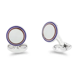 Sterling Silver Round Clear Enamel Cufflinks With Navy Blue And Red Bo