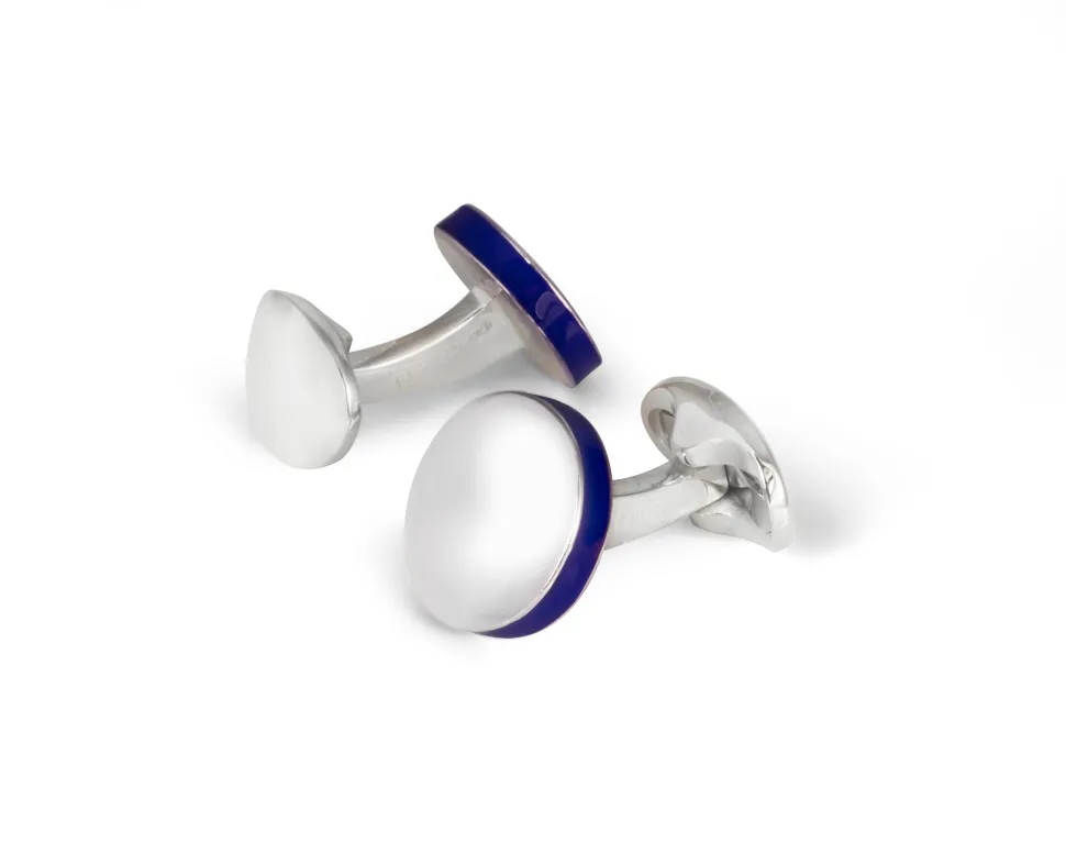Sterling Silver Round Cufflinks with Deep Blue Edge