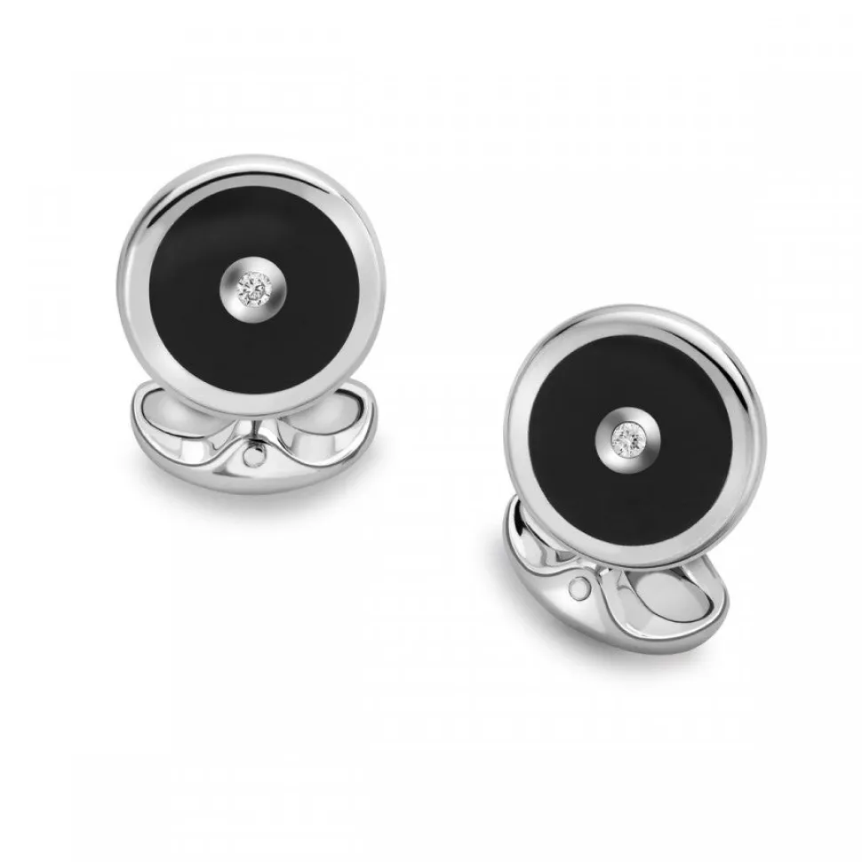 Sterling Silver Round Cufflinks with Onyx and Diamond