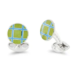 Sterling Silver Round Green And Blue Cross Hatch Enamel Cufflinks