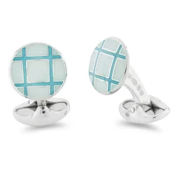 Sterling Silver Round Light Blue And Turquoise Cross Hatch Enamel Cuff