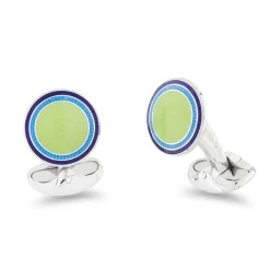 Sterling Silver Round Lime Green Enamel Cufflinks With Navy and Sky Bl