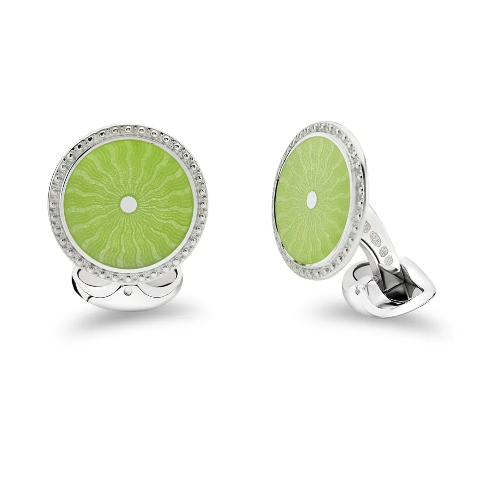 Sterling Silver Round Lime Green Enamel Cufflinks With Detailed Border